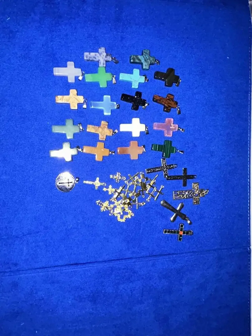 Assorted Natural Gemstone Cross Pendants for DIY Jewelry Making